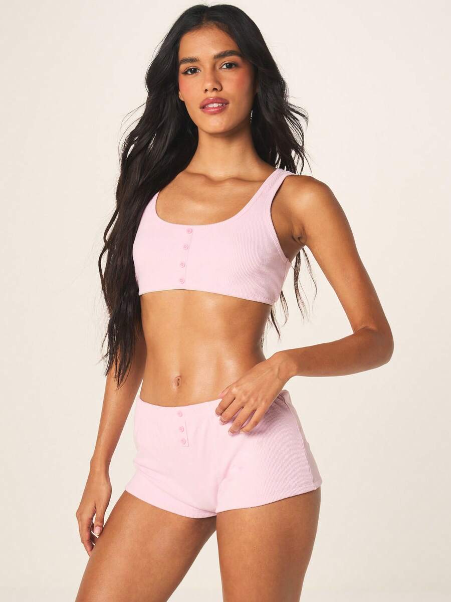MISSGUIDED Ribbed Bralette And Boxer Short Lingerie Set With Button Front Closure Scoop Neck Sleeveless Intimate Lounge - Dusty Pink - View 1