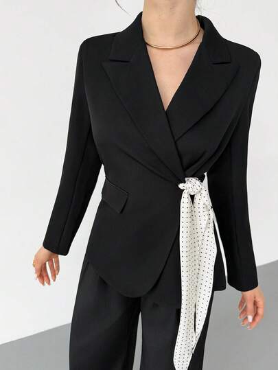 RiviMae Women's Casual Blazer Jacket With Side Waist Polka Dot Twist Design