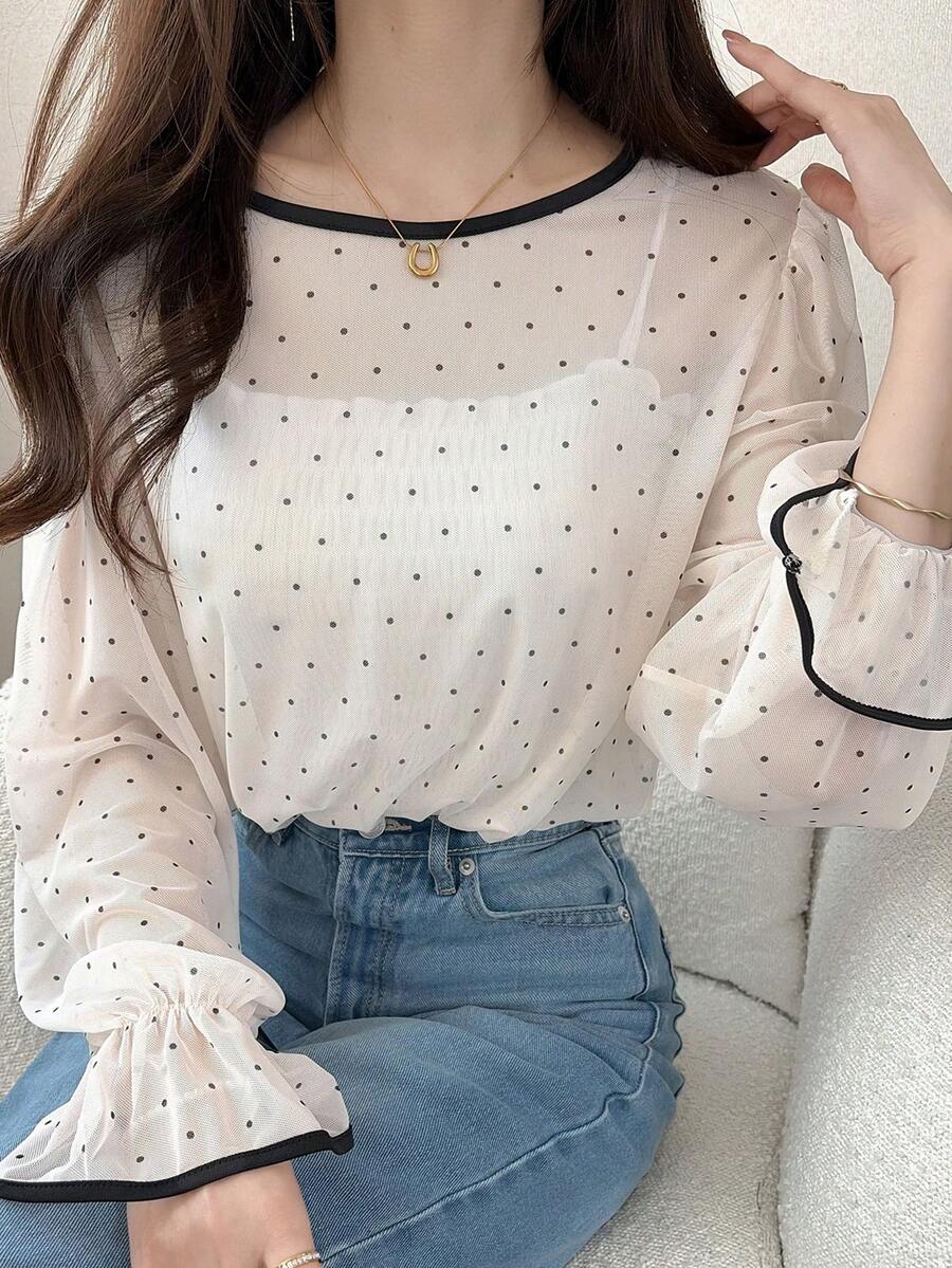 FRIFUL Áo kiểu nữ cổ tròn tay dài chấm bi mỏng nhẹ, thích hợp mặc mùa hè. - Màu be - Xem 1