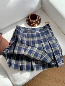 SHEIN EZwear 蓝色格子百褶中长裙，女士休闲纽扣百褶拉链迷你修身自然多色格子裙，非常适合春夏日常休闲穿着。 - 藍色 - 查看 3