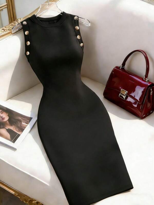 GlowEve Women's Solid Color Metal Button Design Sleeveless Elegant Mini Dress
