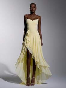 Elitara Vestido ajustado con hombros descubiertos, estilo vintage romántico de Atenas, con cuello de gato, abertura y volantes en el bajo, adecuado para el té de la tarde, eventos de negocios y varias ocasiones como bailes formales, vestido formal de sensación de red, vestido formal - Amarillo - Ver 2