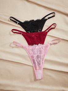 Charlaine 3pcs/Pack Women's Low Waist Lace G-String Panties With Random Heart Pattern - Multicolor - View 1