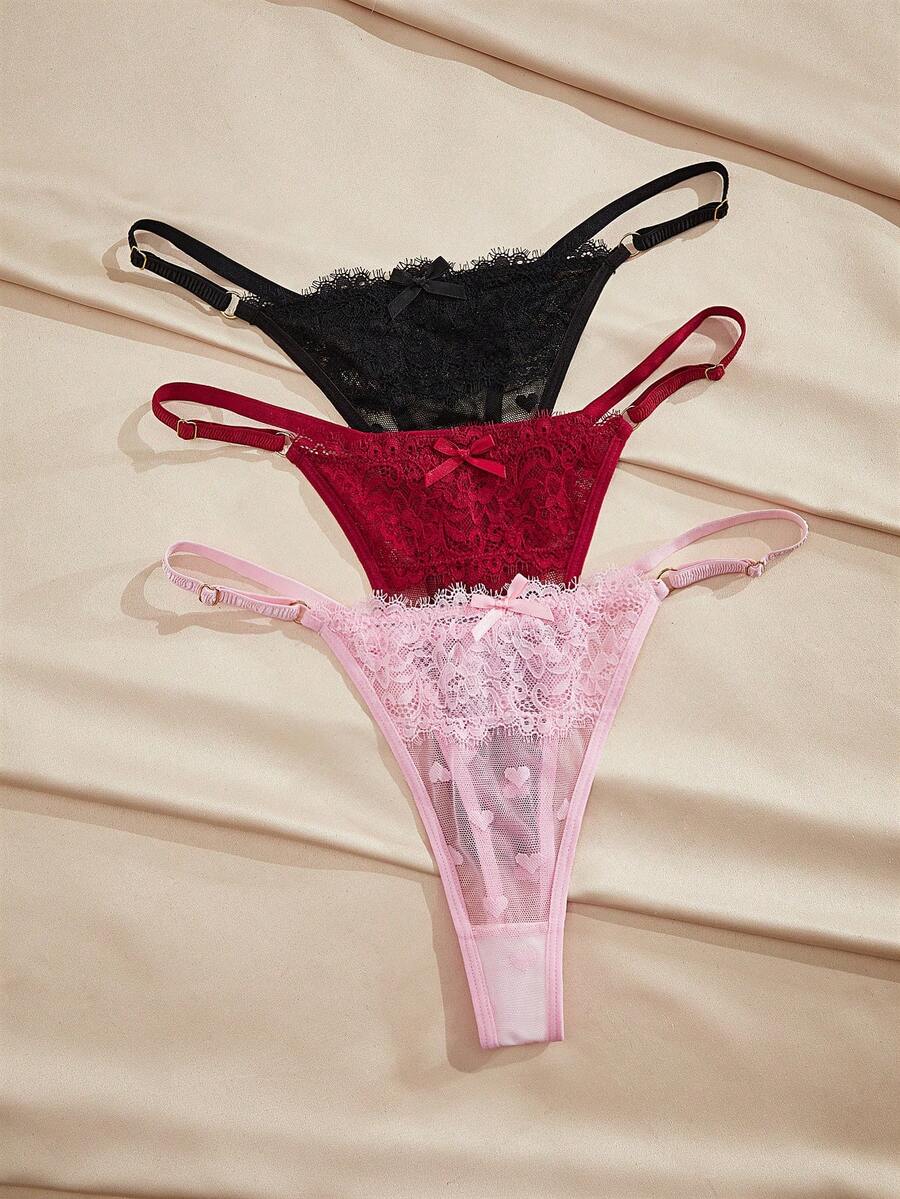 Charlaine 3pcs/Pack Women's Low Waist Lace G-String Panties With Random Heart Pattern - Multicolor - View 1