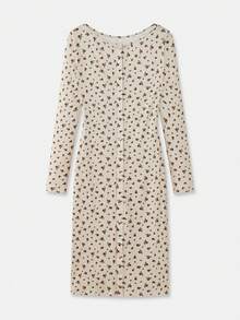 lacRébo Vestido midi de manga comprida com estampa floral em estilo vintage, modelagem ajustada e detalhe de botões frontais. Lindo e romântico, perfeito para a primavera/verão, com inspiração francesa e parisiense. Vestido midi feminino de manga comprida com estampa floral. - Damasco - Ver 9