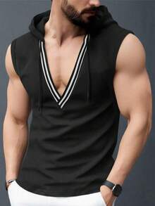 SHEIN 男士V领抽绳连帽背心 - 黑色 - 查看 1