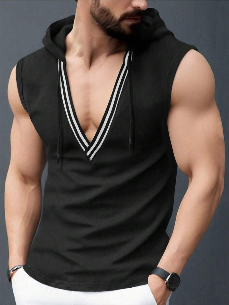 SHEIN 男士V领抽绳连帽背心 - 黑色 - 查看 1