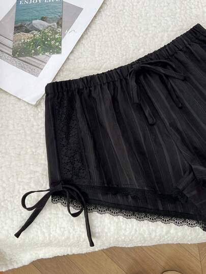 Elamini 女士浪漫优雅系带松紧腰蕾丝边短裤，夏季
