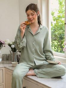 Snug Reverie Women's Comfortable Button-Up Long Sleeve Pajama Set - Green - View 6