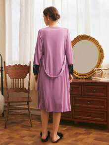 Women's Elegant Contrast Lace Camisole Nightgown And Robe Set, Spring/Autumn - Purple - View 2