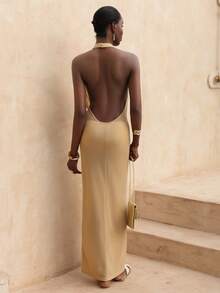 Vesra Flowing Glossy Halter Deep V Draped Backless Dress For Women - Multicolor - View 1