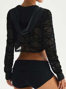 Slayform Áo nỉ có mũ dáng rộng cho nữ, thích hợp cho mùa xuân/hè, tay dài với họa tiết ghép vải ở tay áo, xẻ tà phía trước, toàn bộ lưng bằng lưới mềm mại, phù hợp cho mặc thường ngày, chạy bộ, yoga, tập gym, tennis, golf. - màu đen - Xem 3