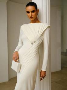 ZEYLAH Asymmetric Ruffle Structure Off Shoulder Long Sleeve Dress, Spring/Summer - White - View 1
