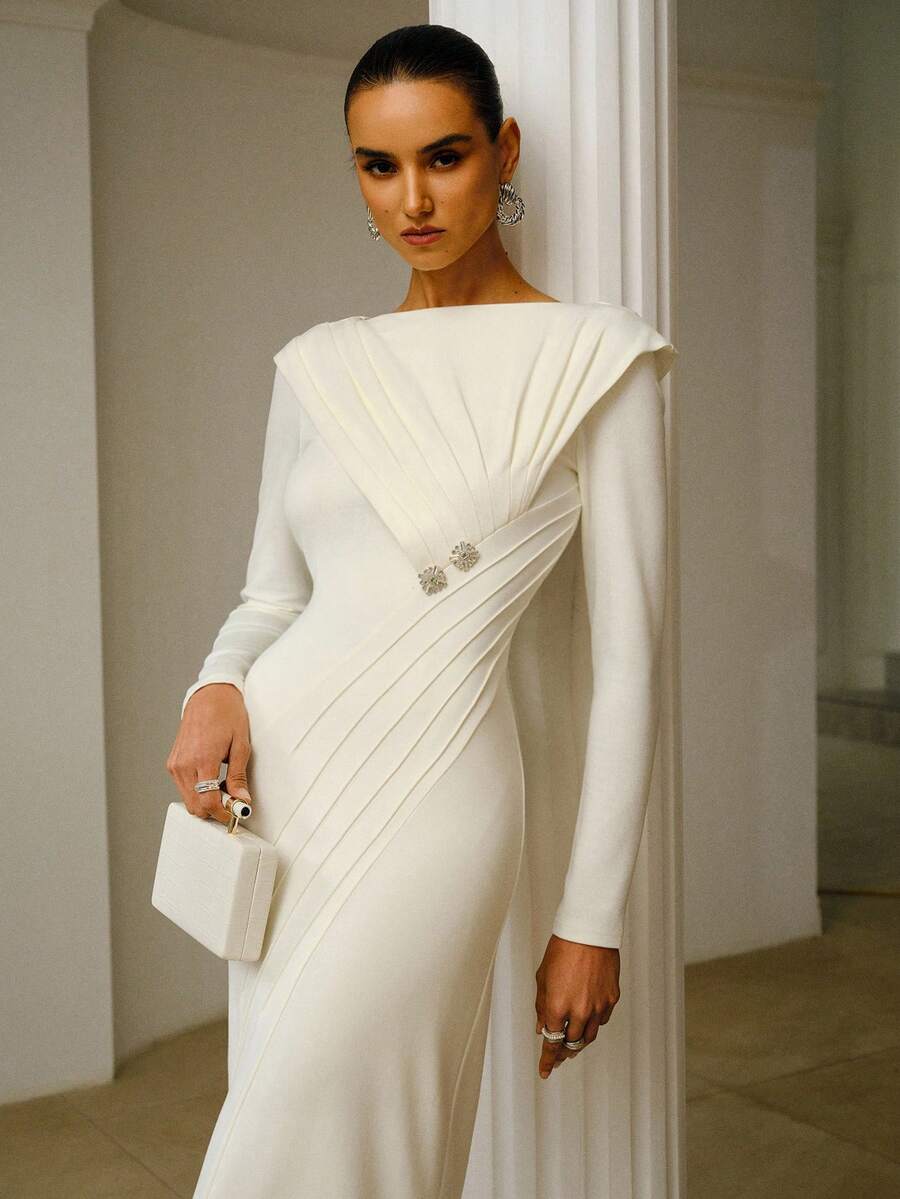 ZEYLAH Asymmetric Ruffle Structure Off Shoulder Long Sleeve Dress, Spring/Summer - White - View 1