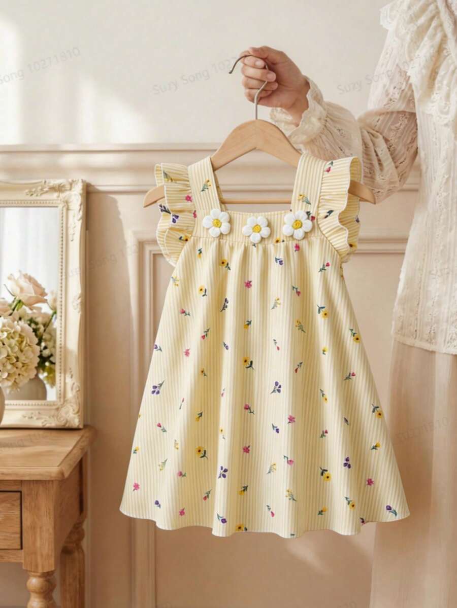 Đầm chữ A dáng rộng cho bé gái, cổ vuông, tay bồng, họa tiết hoa, kiểu dáng thoải mái, phù hợp mặc hàng ngày, đi biển và mùa hè. - Màu vàng - Xem 1