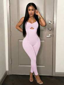 Slaydiva 新款早春、春夏音乐节、情人节、复活节休闲简约基础款Y2K女式褶皱镂空吊带连体衣 - 粉色 - 查看 11