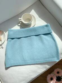 Comfortcana Váy len dệt kim gân màu xanh nhạt trơn dành cho nữ, kiểu Hàn Quốc, thích hợp cho mùa thu/đông. - Màu xanh nhạt - Xem 2