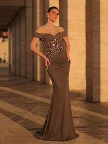 Glamrae Vestido elegante y lujoso con mangas bordadas con cuentas y lentejuelas, hombros descubiertos, empalme, elástico fruncido y bajo de sirena, adecuado para bodas, fiestas, vacaciones, galas y ocasiones formales (resistente) - Óxido marrón - Ver 3