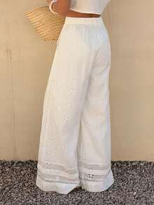 DAZY Women's Floral Embroidery Hollow Out Elastic Waist Casual Pants - White - View 2