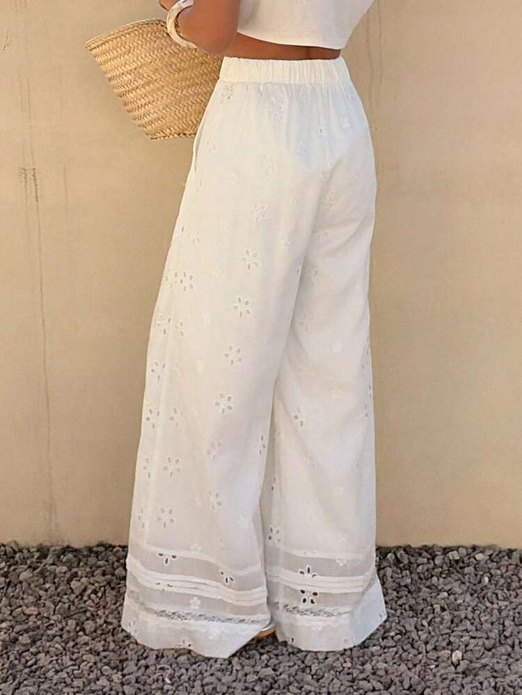 Women's Floral Embroidery Hollow Out Elastic Waist Casual Pants