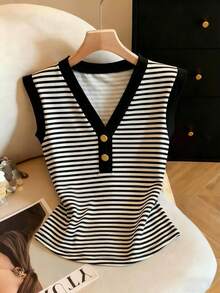 Franclia 女士休闲黑白条纹印花V领金属质感舒适时尚背心，时尚休闲通勤装、商务办公装、百搭时尚日常休闲装、都市教师职业装 - 黑與白 - 查看 3