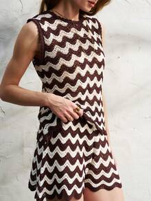 Airaco Conjunto de top de punto y shorts informales para mujer - Café integral - Ver 5