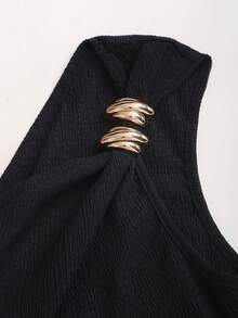 Sweetra Y2K Sexy Asymmetric Shoulder Textured Fabric Pleated Buttoned Versatile Elegant Commuter Dress - Black - View 5