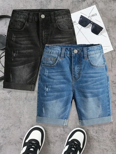 2 st tonårspojkemode casual vintage cool gatukostym bekväm och enkel grundläggande casual blå och svart denim stretchiga tajta korta jeans för barnkläder tonårspojke vardagskläder och barn vår till sommar rave outfits festival och outfits streetwearkläder