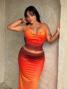 Rustia Conjunto de 2 piezas de talla grande con top con cuello drapeado y decoración metálica, y falda con estampado degradado para vacaciones elegantes - Multicolor - Ver 4