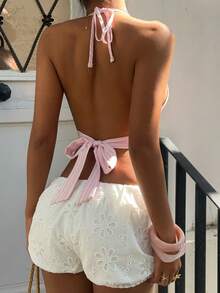 Sunnyshic 女士粉色条纹吊带V领提花露背系带性感吊带背心，适合海滩度假、休闲派对等场合。女士露背吊带背心，女士夏季服装，女士蕾丝边饰上衣，女士度假服装，粉色条纹上衣，女士夏季服装，女士夏季上衣 - 粉色 - 查看 2