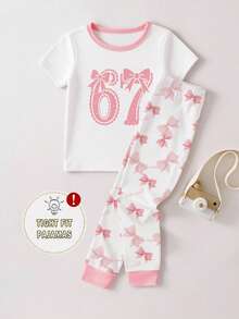 1set Young Girls Snug Fit Pajamas, Sweet Bestselling Butterfly & Number 67 Pattern, Short Sleeve Top & Long Pants 2pcs Set, Essential 2026 Seasonal Gift - White - View 4