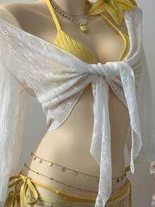 SuriyaCove Women's Spring/Summer Beach Vacation Textured Fabric Front Twist Cropped Top - Beige - View 4