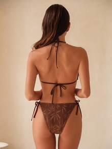 Swim Vcay 2pcs Knitted Textured Ruffle Trim Metallic Accent Solid Color Bikini Set, Sexy Beach Wear For Holiday Party, New Year, Christmas, Summer - Coffee Brown - View 9