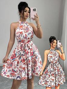 SHEIN Elenzya Đầm không tay thanh lịch, in họa tiết, thắt eo, thích hợp mặc hàng ngày, đi làm, ngày Valentine, hẹn hò, đám cưới, tiệc tùng, kỳ nghỉ biển, mua sắm, thoải mái và quyến rũ. - Nhiều màu - Xem 3
