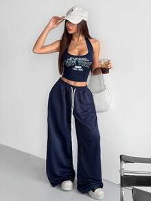 Lyxana Navy Blue Summer Streetwear City Break Women's Knitted Halter Crop Top With Letter Print & Side Stripe Sweatpants Royal Blue Two Piece Set,Casual - Royal Blue - View 5