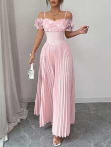 Elenzga 女士春夏新款优雅浪漫法式甜美纯色连衣裙，高端3D立体花卉设计，褶裥收腰A字裙，粉色露肩款 - 粉色 - 查看 5