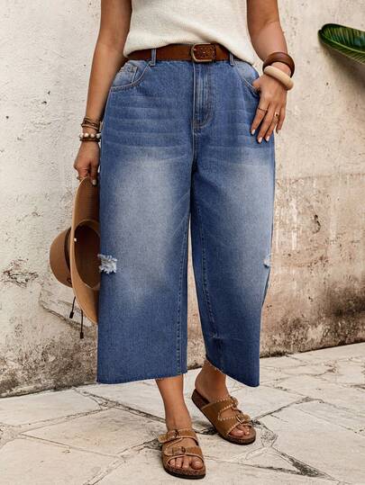 EMERY ROSE Plus Size Women Distressed Pocket Wide Leg Loose Casual 7/8 Length Jeans,Summer Outfit For Women,Festival Outfits For Women ,Party,Wedding,Elegant,Casual,Vacation,Business,Women's High Waist Wide Leg Cropped Jeans With Distressed Detail, Elastic Back Waistband Frayed Hem Denim Pants For Casual Boho Vacation Outfits,2026 New Distressed Wide Leg Denim Pants For Women, High Waist Elastic Back Cropped Jeans With Frayed Hem, Casual Boho Vacation Outfit,Elegant High Waist Wide Leg Cropped Denim Pants, Distressed Detail Elastic Back Waist Frayed Hem Jeans For Women's Casual & Vacation Wear