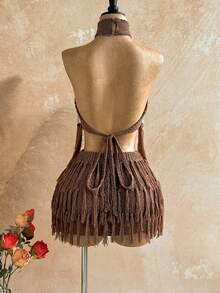 Soleia Women's Sequin Halter Knit Top And Knitted Mini Skirt Set, Summer, Ibiza Style, Holiday Vacation Sexy Festival Celebration, Autumn/Winter Shell 2 Pieces Set - Khaki - View 2