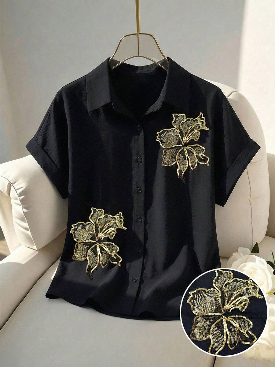 GlowEve Women's Blouse For Spring & Summer,Black And Gold Cardigan Loose Blouse With Handmade Embroidery & Sequin Decor,Elegant Casual Short Sleeve For Date