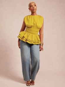 Vixey 纯色梭织圆领褶皱无袖层叠荷叶边下摆上衣 - 黃色 - 查看 4