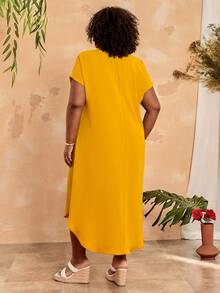 BrightlyHer Plus Size V-Neck Solid Color Casual Beach Wear Dress - Yellow - View 2