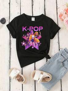 SHEIN KPOP Girl Grafiskt Tryck Rund Hals Avslappnad Mångsidig Kortärmad T-shirt - Svart - Visa 5