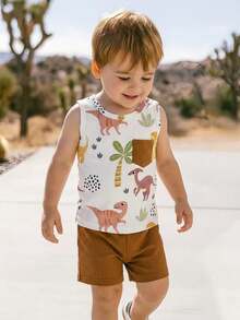 SHEIN Playful Pals 男宝宝夏季卡通恐龙印花无袖背心+纯绿色短裤套装，活泼可爱，适合户外探险、舒适居家穿着以及欢乐派对时光 - 棕色 - 查看 5