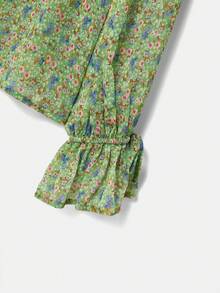 lacRébo Blusa bohemia con estampado floral verde, mangas abullonadas y detalle de puño con lazo para primavera y verano - Multicolor - Ver 9
