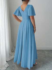 Elenzga 大码女式雪纺荷叶边袖 V 领 A 字连衣裙，简约优雅浪漫飘逸 - 霧霾藍 - 查看 2