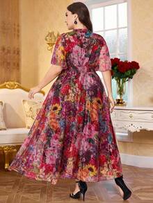 Modelyn New Luxury Elegant Loose V-Neck Short Sleeve Dress - Hot Pink - View 2