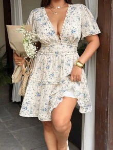 Party Dress With Deep V-Neck, Floral Print And Draping, Suitable For Summer, Plus Sizes For Women - 彩色 - 查看 6