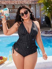 Swim Mod Plus Size Women's Sweet Polka Dot Print Beach Vacation Bikini Set - Black and White - View 1