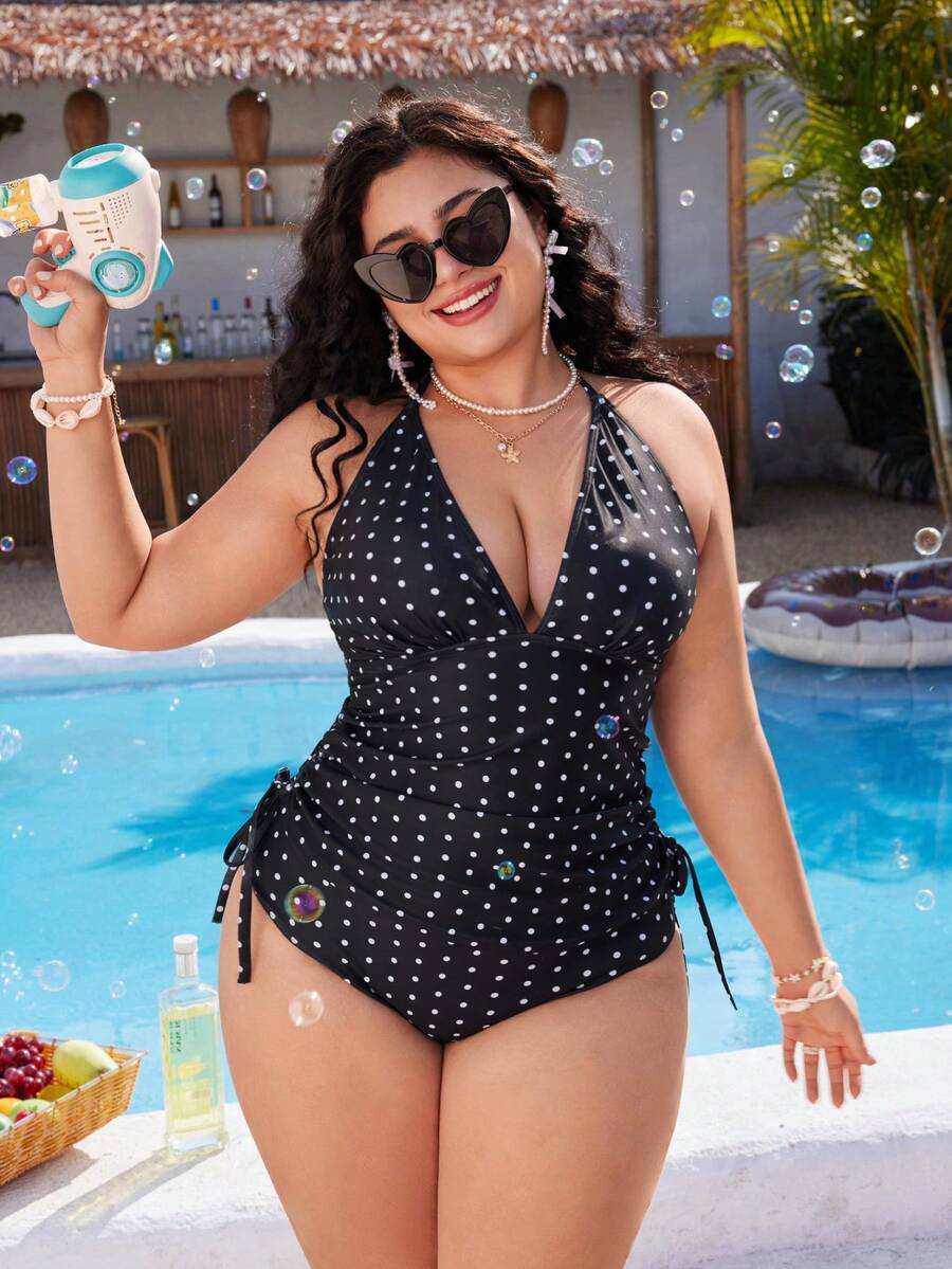 Swim Mod Plus Size Women's Sweet Polka Dot Print Beach Vacation Bikini Set - Black and White - View 1