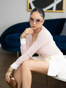 Melissa Matos Women's Elegant Asymmetric White Shorts For Daily Wear - Rose-Shaped Metal Button Decor & Split Hem - Beige - View 6